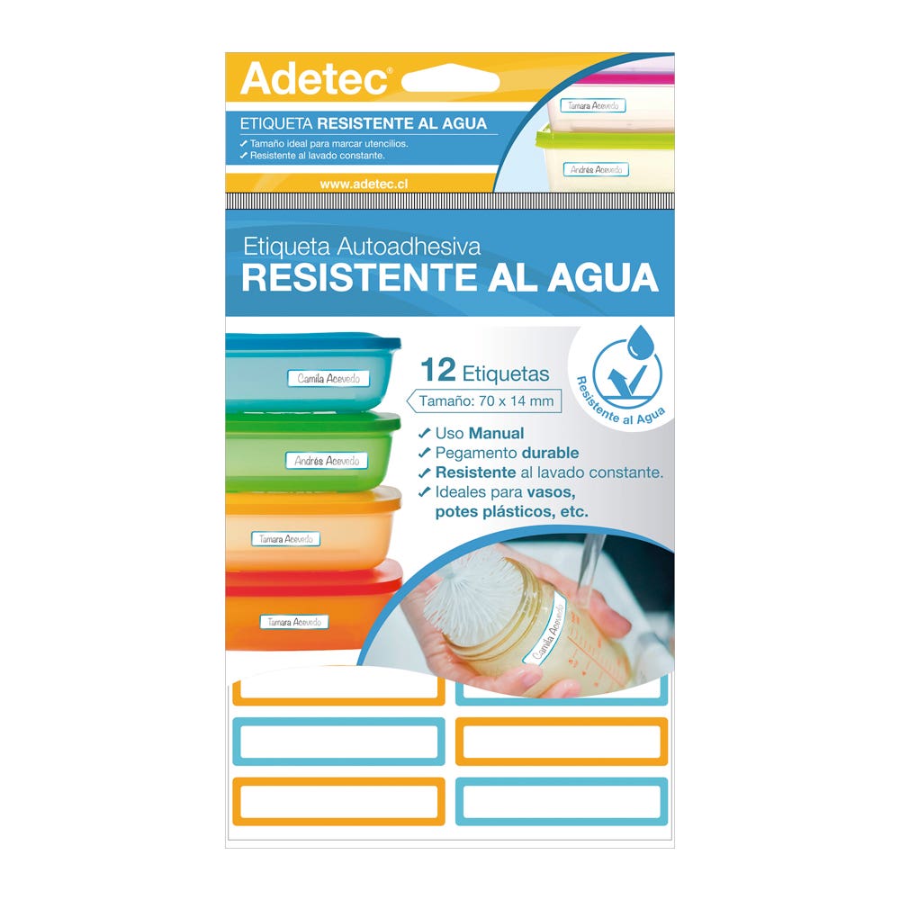12 Etiquetas Resistente al Agua 70x14mm. Adetec
