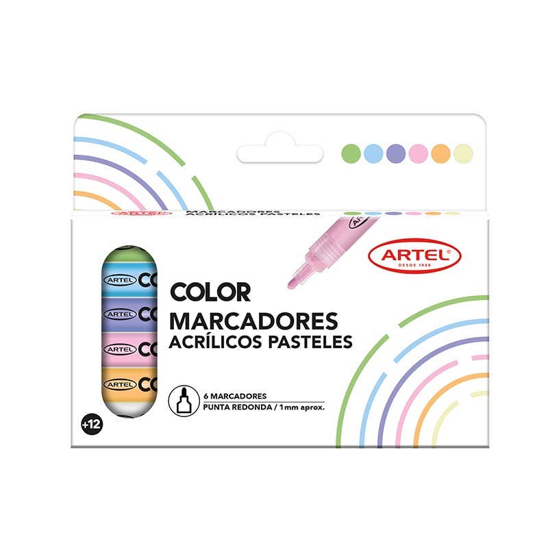 Est. 6 marcadores acrílicos pasteles 1mm Artel Nacional Librería