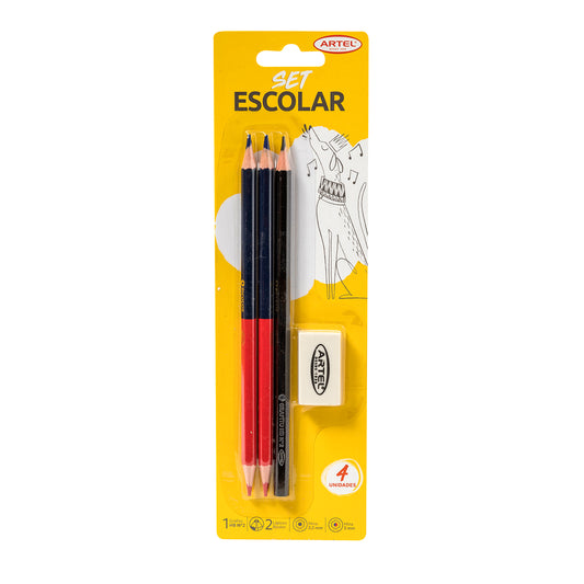 Set 1 lápiz Grafito Hexagonal + 2 Lápices Bicolor + Goma
