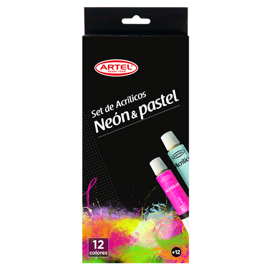 SET ACRÍLICOS 12 COLORES NEÓN Y PASTEL 12 ML ARTEL