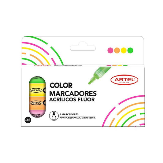 Est. 4 marcadores acrílicos flúor 2mm Artel Nacional Librería