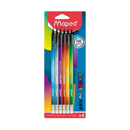 Set 6 Lápices Grafito con Goma Maped HB2 Black Peps Energy Maped Nacional Librería