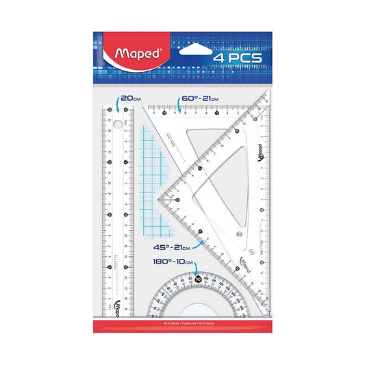 Set Conjunto Geometría Maped 4 Piezas Regla 20cm Escuadras 21cm Transportador 10cm Maped Nacional Librería