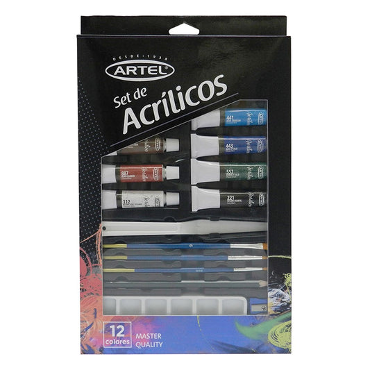 Set Pintura Acrilicax12col+ 3 pincel+gra Artel Nacional Librería